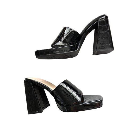 RAID Black Slip On Heels NEW Patent Croc Embossed Platform Open Toe 4.5” Size 7 - Picture 1 of 11
